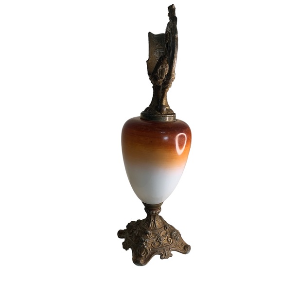 Early 20th Century Victorian Mantle Ewer. Hand Painted Art Glass Body. 16”x 7” - Picture 6 of 13